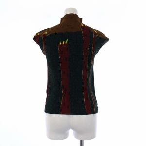 me ISSEY MIYAKE ハイネックカットソー ノースリーブ ボックスプリーツ ワッフルプリーツ 総柄 グリーン ブラウン