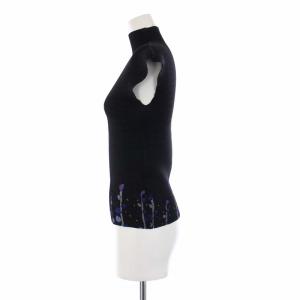 me ISSEY MIYAKE ハイネックカットソー ノースリーブ ボックスプリーツ ワッフルプリーツ プリント 黒 ブラック MI41FK123