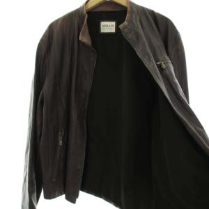 ARMANI COLLEZIONI ラムレザー ジャケット 革ジャン スタンドカラー ストライプ アウター 48 M 紫 パープル