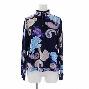 ブラウス シャツ 長袖 プルオーバー バンドカラー 花柄 ペイズリー柄 42 XL 大きいサイズ 紺 ネイビー