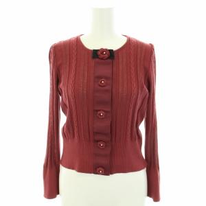 21SS ニットカーディガン ラウンドネック 長袖 フラワーモチーフ 38 M えんじ ダークレッド