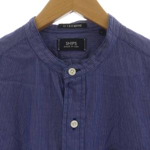 SHIPS IKE BEHAR タイプライター ストライプ バンドカラーシャツ カジュアルシャツ 長袖 L 青 ブルー 白 ホワイト 111-17-0077