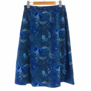 Paul Stuart マーブルパターンプリント タックスカート フレア ひざ丈 花柄 4 S 紺 ネイビー K1S24-113-28