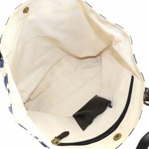 IL BISONTE トートバッグ ハンドバッグ キャンバス レザー ストライプ ロゴ アイボリー 紺 ネイビー ダークブラウン