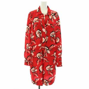 シャツワンピース ひざ丈 スキッパー 長袖 花柄 リボン 絹 シルク 8 L 赤 レッド 黒 ブラック