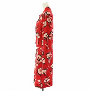 DIANE von FURSTENBERG シャツワンピース ひざ丈 スキッパー 長袖 花柄 リボン 絹 シルク 8 L 赤 レッド 黒 ブラック