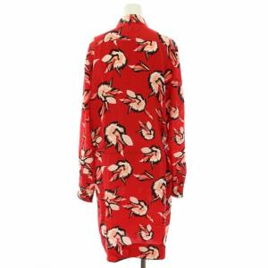 DIANE von FURSTENBERG シャツワンピース ひざ丈 スキッパー 長袖 花柄 リボン 絹 シルク 8 L 赤 レッド 黒 ブラック