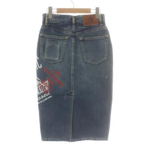 HYSTERIC GLAMOUR JEANS タイトスカート ロング ミモレ デニム ジップフライ USED加工 ダメージ加工 スタッズ ロゴプリント S 紺