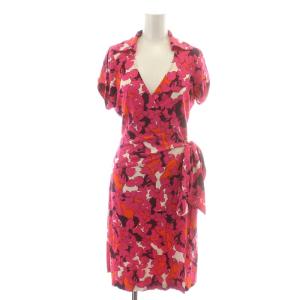 シャツワンピース ひざ丈 半袖 スキッパー カシュクール 花柄 総柄 リボン 絹 シルク 4 M ピンク 白 ホワイト