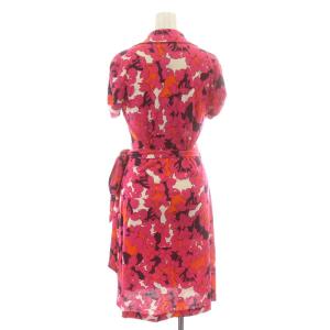 DIANE von FURSTENBERG シャツワンピース ひざ丈 半袖 スキッパー カシュクール 花柄 総柄 リボン 絹 シルク 4 M ピンク 白 ホワイト