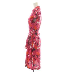 DIANE von FURSTENBERG シャツワンピース ひざ丈 半袖 スキッパー カシュクール 花柄 総柄 リボン 絹 シルク 4 M ピンク 白 ホワイト