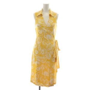 シャツワンピース ひざ丈 ラップ ノースリーブ スキッパー カシュクール 総柄 リボン 2 S 黄色 イエロー 白 ホワイト
