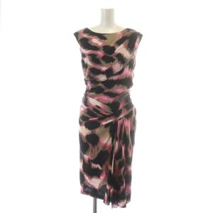 ワンピース ひざ丈 フレア ノースリーブ 総柄 絹 シルク 2 S 黒 ブラック ベージュ ピンク