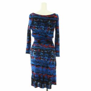ISSA LONDON ジャージーワンピース ひざ丈 ボートネック 長袖 総柄 UK6 XXS 青 ブルー 黒 ブラック