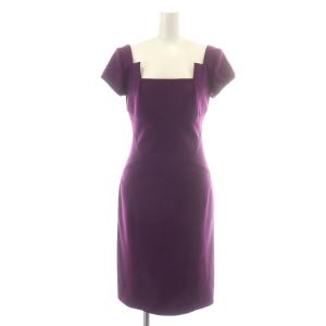 ワンピース ひざ丈 タイト 半袖 スクエアネック ウール 2 S 紫 パープル