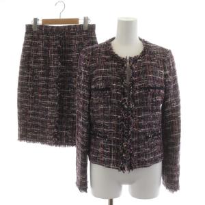 スーツ セットアップ 上下 ノーカラージャケット タイトスカート ツイード ウール混 38 M 黒 ブラック 紫 パープル