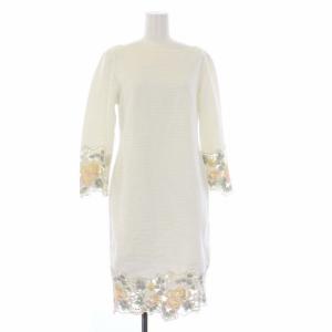18SS ヘム刺繍OP ワンピース ひざ丈 七分袖 バックスリット 花柄チュール 38 M 白 ホワイト
