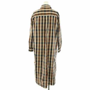 Aquascutum WLビッグチェック シャツドレス シャツワンピース ロング スタンダードカラー 長袖 チェック柄 ロゴ刺繍 8 M 茶 ブラウン