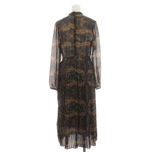 Ameri VINTAGE プリーツロングワンピース シフォン マキシ丈 シアー 長袖 ペーズリー柄 黒 ブラック 茶 ブラウン