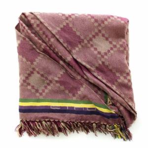 ETRO ストール マフラー ウール 絹 シルク混 三角形 フリンジ 総柄 紫 パープル ベージュ