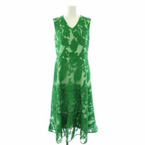 22AW コード刺繍フレアドレス ワンピース ひざ丈 Vネック ノースリーブ レース ボタニカル柄刺繍 38 M 緑 グリーン