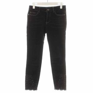 デニムパンツ スキニー スリム ロング 裾カットワーク カメリアボタン 34 XS ブラック