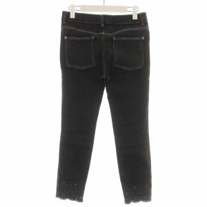 CHANEL デニムパンツ スキニー スリム ロング 裾カットワーク カメリアボタン 34 XS ブラック