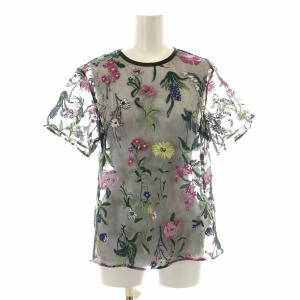 フラワー刺繍チュールトップ ブラウス 半袖 クルーネック 花柄 総柄 シアー シースルー 36 S 黒 ブラック マルチカラー