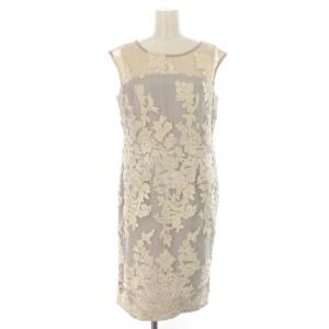 タグ付き Pコードチュール刺繍タイトワンピース ドレス ミニ シアー ノースリーブ 花柄 38 M グレー ベージュ