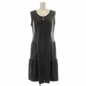 22SS ジャンパースカート ひざ丈 フェイクレザー ティアード ノースリーブ 38 ブラック