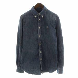 CUSTOM FIT ボタンダウンシャツ ダンガリーシャツ デニムシャツ ロゴ刺繍 長袖 M 青 ブルー