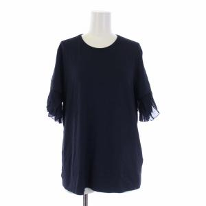 Tシャツ カットソー 半袖 プリーツ 切替 S 紺 ネイビー