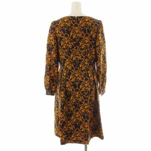 OLD ENGLAND フレアワンピース ひざ丈 ウール 花柄 長袖 36 S オレンジ 紺 ネイビー