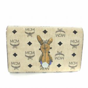 MCM 三つ折り財布 レザー ラビット ロゴ 総柄 ベージュ MYM 8SXL52 IG001