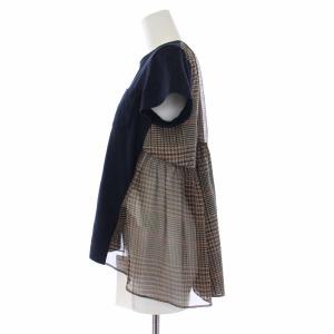 sacai Tシャツ カットソー 半袖 シアー チェック 切替 1 S 紺 茶 ネイビー ブラウン 21-05451