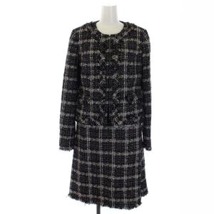 スーツ フォーマル セットアップ 上下 2点セット ツイード チェック フリンジ ノーカラージャケット タイトスカート 42