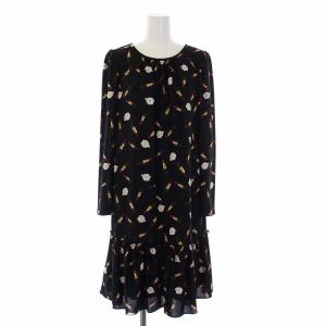 リップ 花柄 ワンピース 長袖 ひざ丈 クルーネック 40 L 黒 ブラック IT-321706