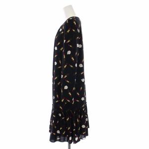 M'S GRACY リップ 花柄 ワンピース 長袖 ひざ丈 クルーネック 40 L 黒 ブラック IT-321706