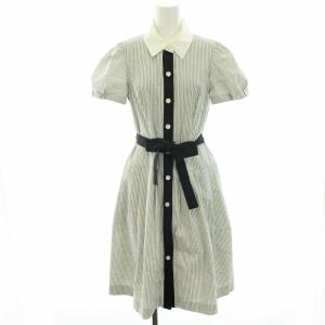 シャツワンピース ひざ丈 半袖 サッカーストライプ プリーツ 38 M 白 ホワイト 紺 ネイビー 黒 ブラック TD-911333