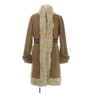 ハイネックコート ロング リーフ刺繍 ウール カシミヤ混 ファー 36 S キャメル アイボリー