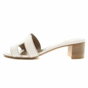 HERMES オアジス ヘップサンダル レザー チャンキーヒール ローヒール Hロゴ 37.5 ホワイト