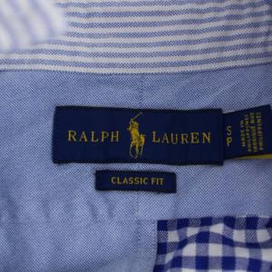 RALPH LAUREN CLASSIC FIT シャツ 長袖 ボタンダウン パッチワーク ポニー 刺繍 ボーダー S 水色