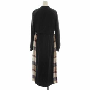 BLUE LABEL CRESTBRIDGE シャツワンピース フレアワンピース ミモレ ロング チェック 切替 サイドリボン 長袖 38 M 黒 ブラック 赤 レッド