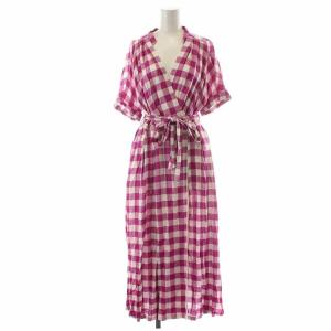 20SS ギンガムカシュクールワンピース ロング チェック リボン 半袖 36 S ピンク 白 ホワイト