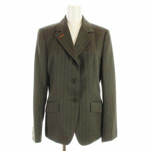 Paul Smith WOMEN PS スーツ セットアップ 上下 テーラードジャケット 総裏地 スカート ひざ丈 ストライプ ウール 42 L カーキ