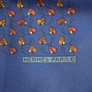 HERMES スカーフ 馬柄 シルク フランス製 紺 ネイビー