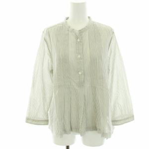 シャツ ブラウス バンドカラー ストライプ 七分袖 コットン タック 3 L グレー 白 ホワイト