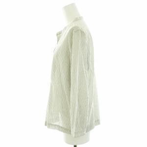 MARGARET HOWELL シャツ ブラウス バンドカラー ストライプ 七分袖 コットン タック 3 L グレー 白 ホワイト