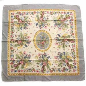 スカーフ 花柄 シルク100％ グレー マルチカラー