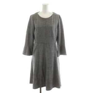 ワンピース ミモレ ロング 長袖 千鳥格子 ウール 38 M グレー